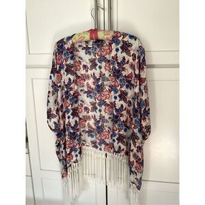Forever 21 Womens Floral Kimono Shawl Sz L Fringe